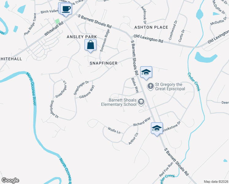 map of restaurants, bars, coffee shops, grocery stores, and more near 220 Milford Drive in Athens