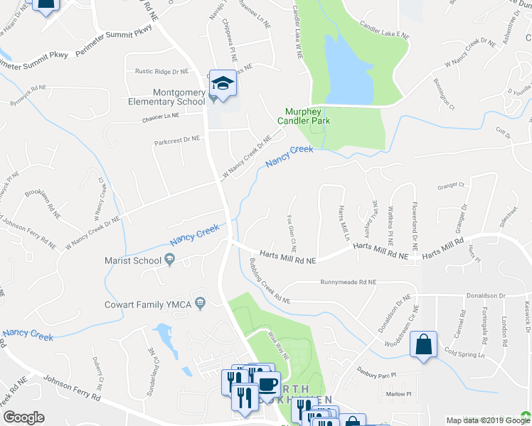 map of restaurants, bars, coffee shops, grocery stores, and more near 3910 Ashford Lake Court Northeast in Atlanta