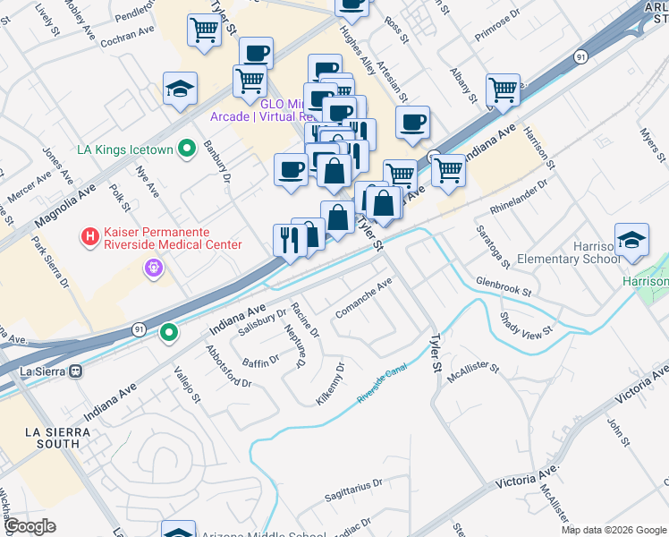 map of restaurants, bars, coffee shops, grocery stores, and more near 10335 Indiana Ave in Riverside