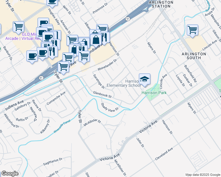 map of restaurants, bars, coffee shops, grocery stores, and more near 10050 Fox Street in Riverside