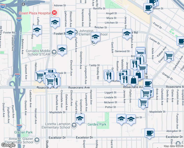 map of restaurants, bars, coffee shops, grocery stores, and more near 11334 Crestbrook Street in Norwalk