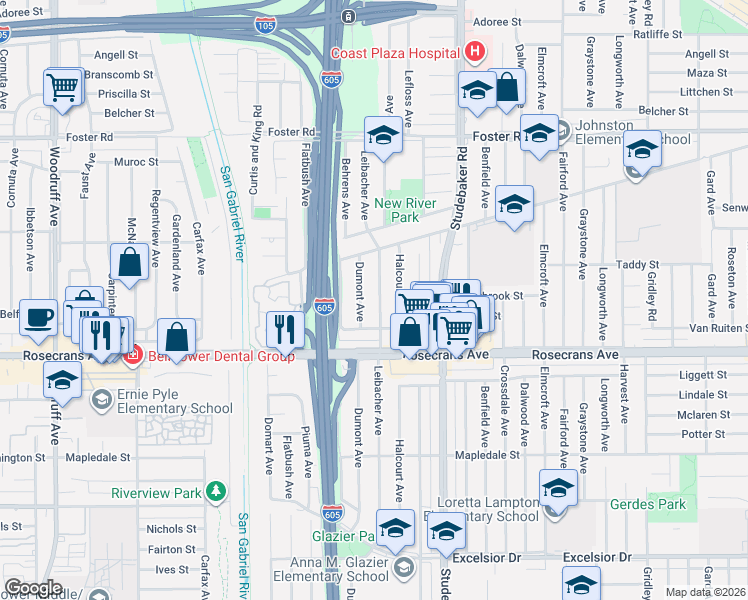 map of restaurants, bars, coffee shops, grocery stores, and more near 14002 Leibacher Avenue in Norwalk