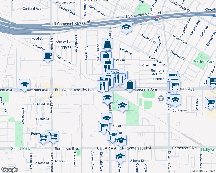 map of restaurants, bars, coffee shops, grocery stores, and more near 14133 Colorado Avenue in Paramount