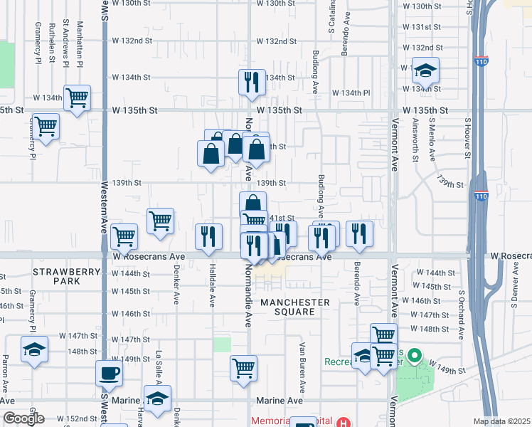 map of restaurants, bars, coffee shops, grocery stores, and more near 1318 West 140th Street in Gardena
