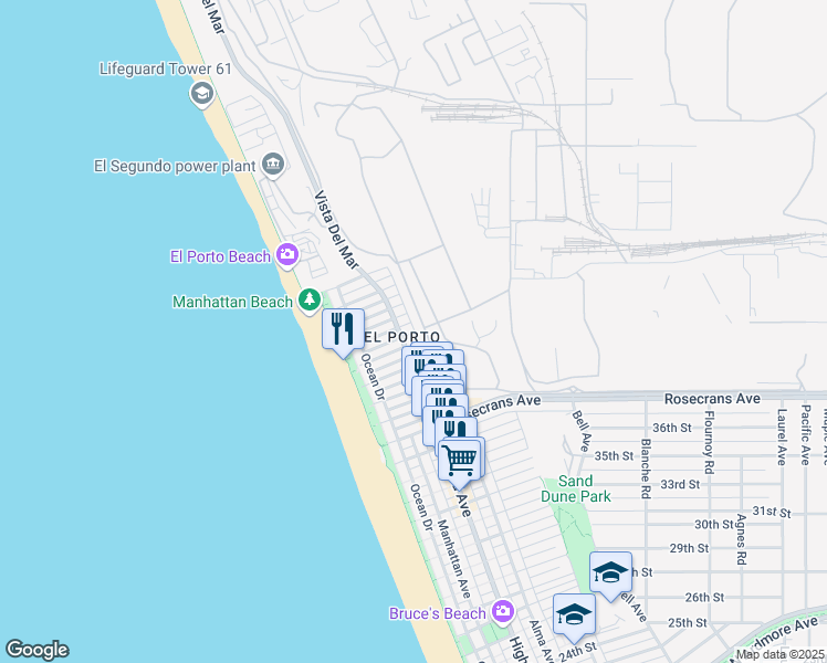 map of restaurants, bars, coffee shops, grocery stores, and more near 308 Seaview Street in Manhattan Beach