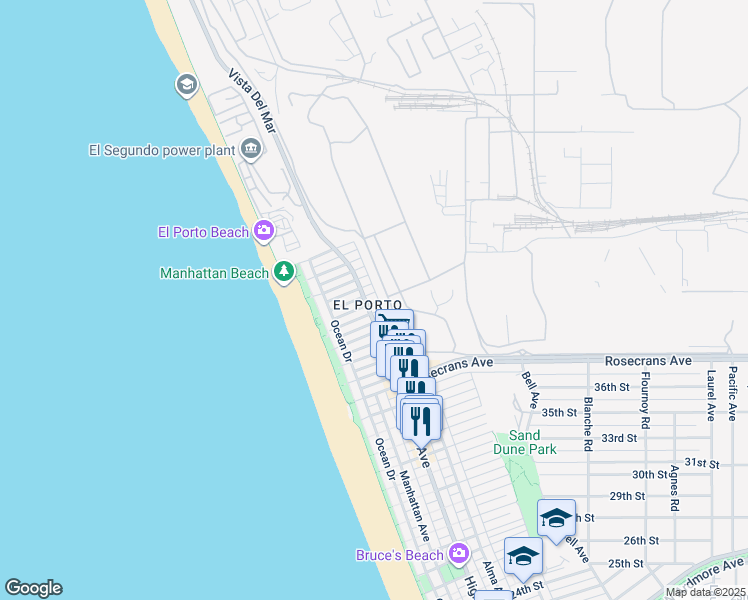 map of restaurants, bars, coffee shops, grocery stores, and more near 4209 Crest Drive in Manhattan Beach
