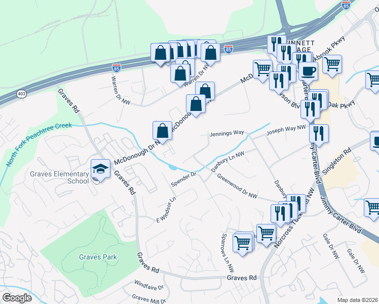 map of restaurants, bars, coffee shops, grocery stores, and more near 6463 Birch Glen Drive in Norcross