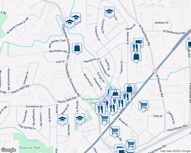 map of restaurants, bars, coffee shops, grocery stores, and more near 3807 Greenhill Drive in Chamblee
