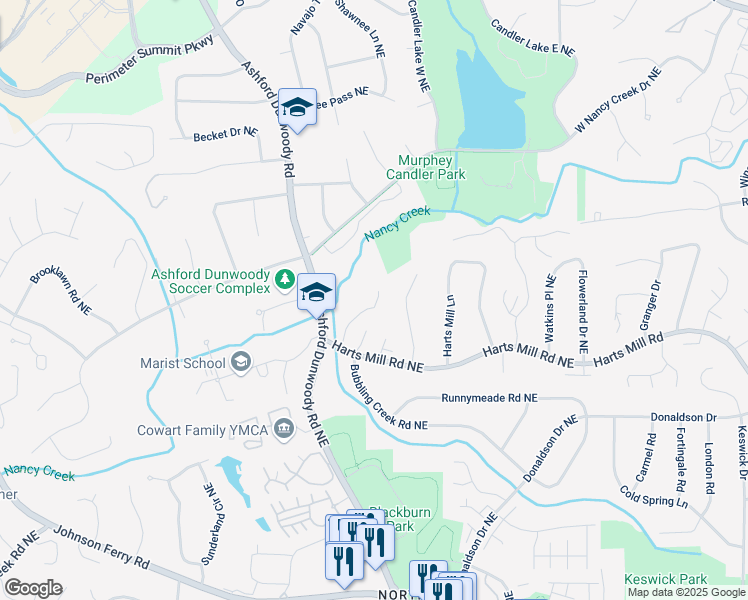 map of restaurants, bars, coffee shops, grocery stores, and more near 3910 Ashford Lake Court Northeast in Atlanta