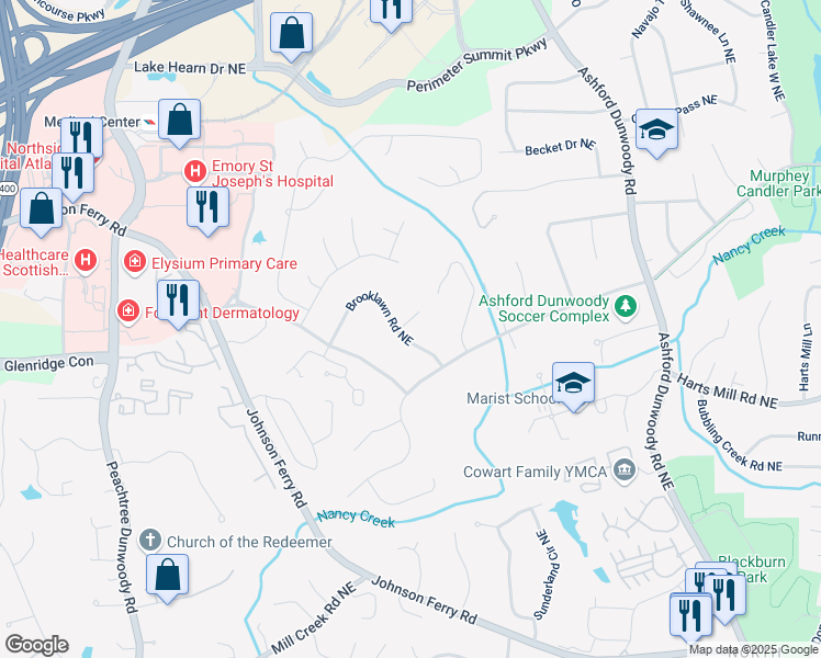 map of restaurants, bars, coffee shops, grocery stores, and more near 1316 Brooklawn Road Northeast in Atlanta