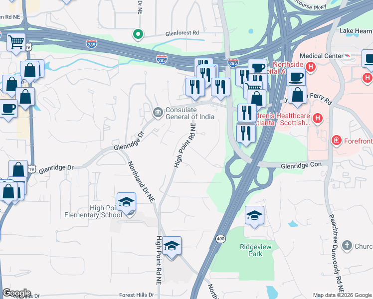 map of restaurants, bars, coffee shops, grocery stores, and more near 450 Winfield Glen Court Northeast in Sandy Springs