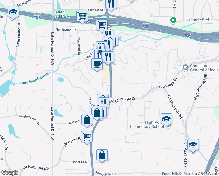map of restaurants, bars, coffee shops, grocery stores, and more near 5439 Wentworth Street in Atlanta