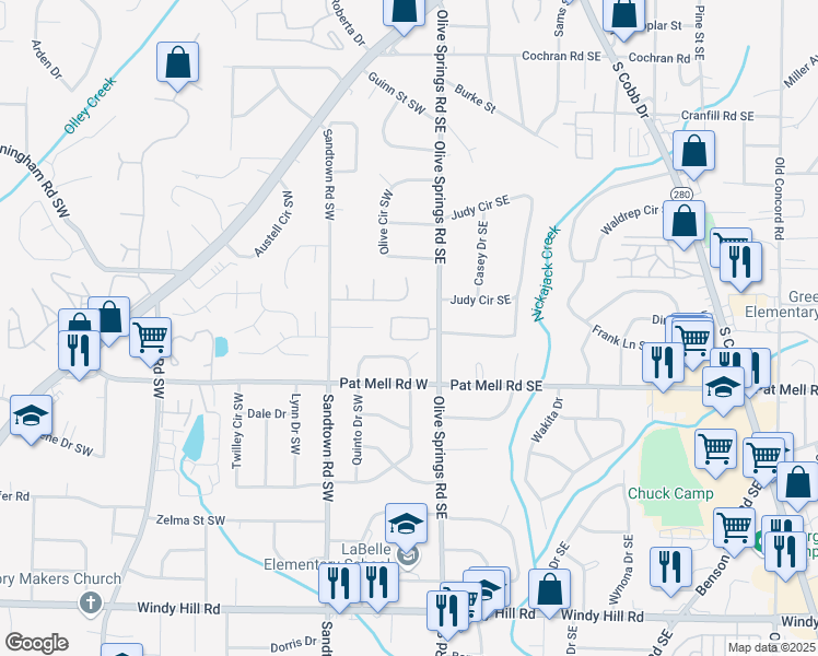 map of restaurants, bars, coffee shops, grocery stores, and more near 105 Hollinger Way in Marietta