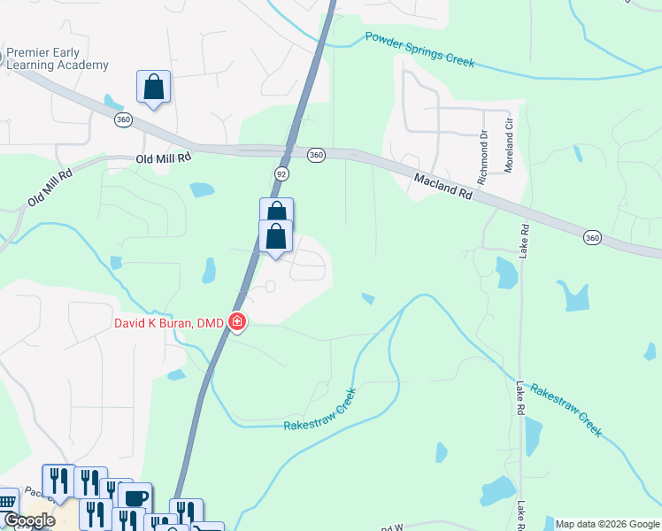 map of restaurants, bars, coffee shops, grocery stores, and more near 170 Darby's Crossing Court in Hiram