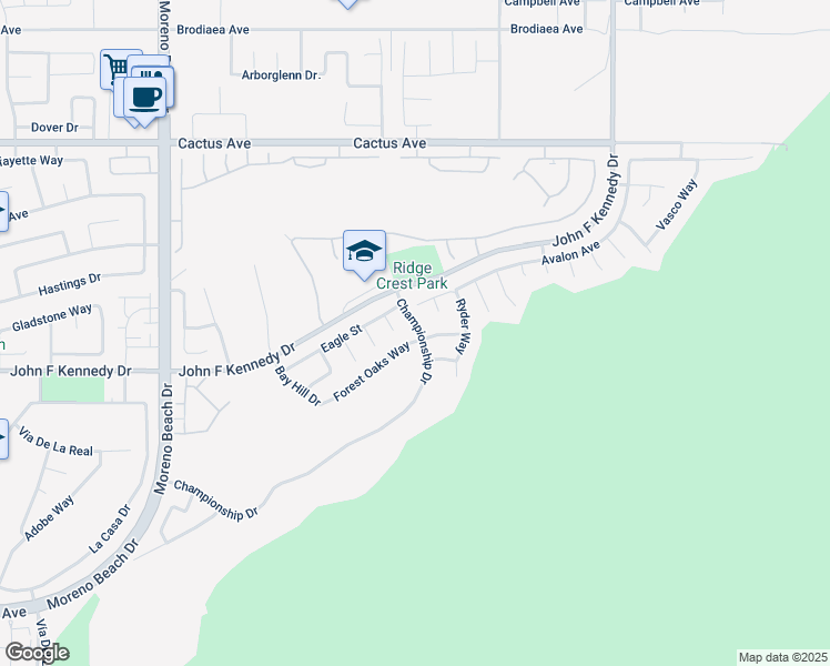 map of restaurants, bars, coffee shops, grocery stores, and more near 28550 Forest Oaks Way in Moreno Valley