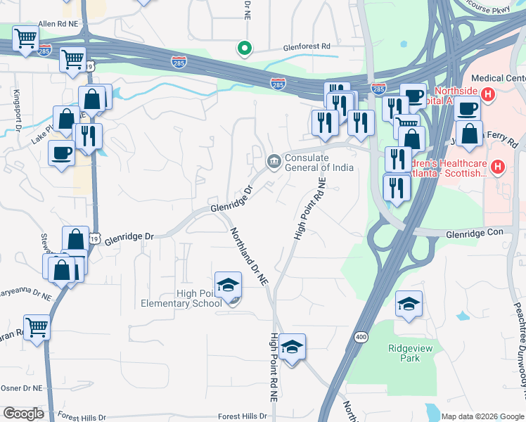 map of restaurants, bars, coffee shops, grocery stores, and more near 5501 Glenridge Drive in Atlanta
