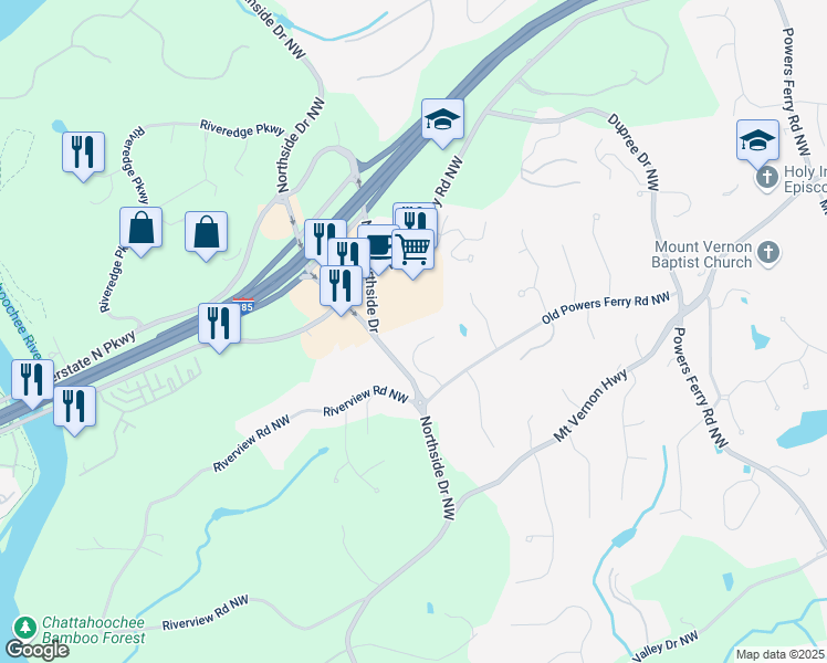 map of restaurants, bars, coffee shops, grocery stores, and more near 350 Kelson Drive Northwest in Sandy Springs