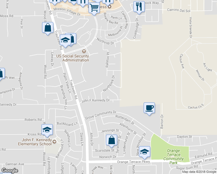 map of restaurants, bars, coffee shops, grocery stores, and more near 8100 Northpark Drive in Riverside