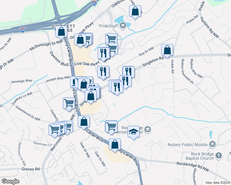 map of restaurants, bars, coffee shops, grocery stores, and more near 6040 Singleton Road in Norcross