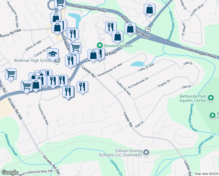 map of restaurants, bars, coffee shops, grocery stores, and more near 247 Valley Road Northwest in Lawrenceville