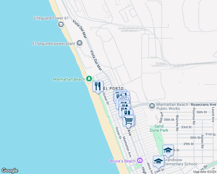 map of restaurants, bars, coffee shops, grocery stores, and more near 219 42nd Street in Manhattan Beach