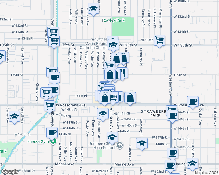 map of restaurants, bars, coffee shops, grocery stores, and more near 14015 Van Ness Avenue in Gardena