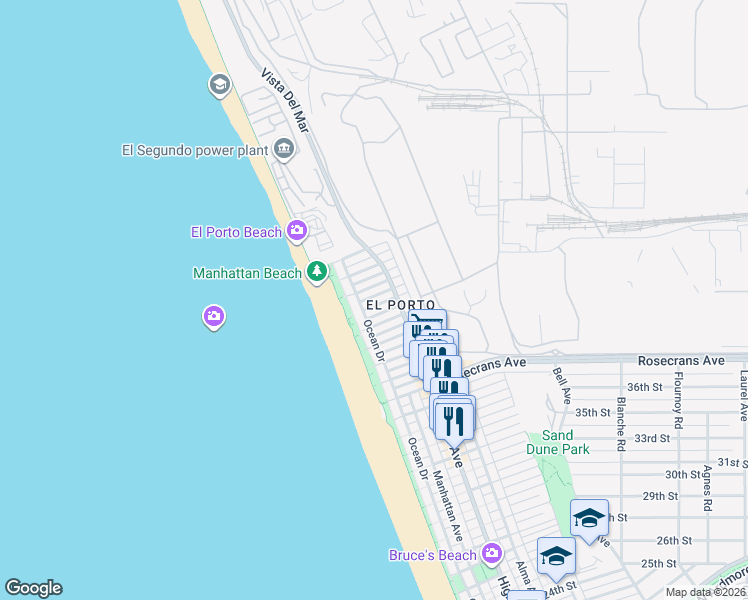 map of restaurants, bars, coffee shops, grocery stores, and more near 200 Seaview Street in Manhattan Beach
