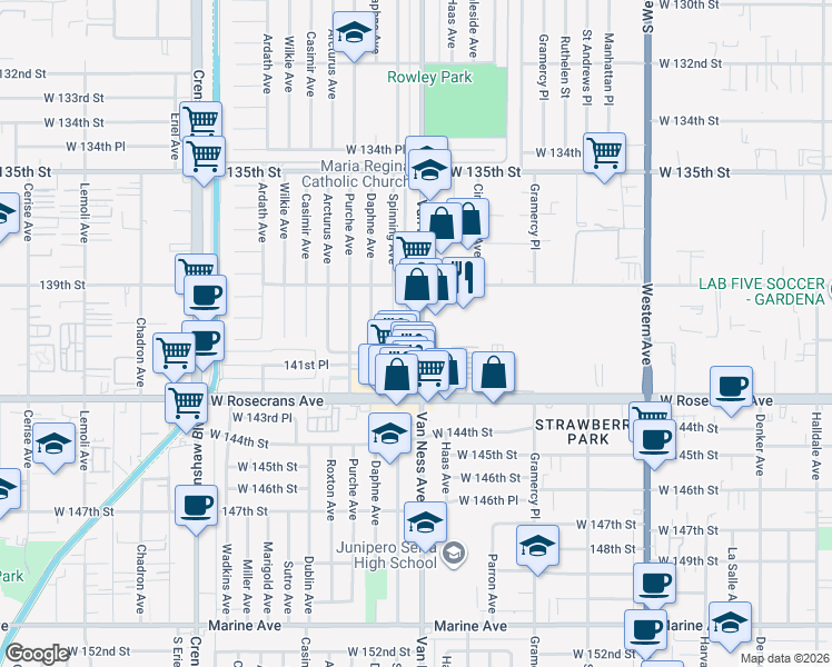 map of restaurants, bars, coffee shops, grocery stores, and more near 14000 Spinning Avenue in Gardena