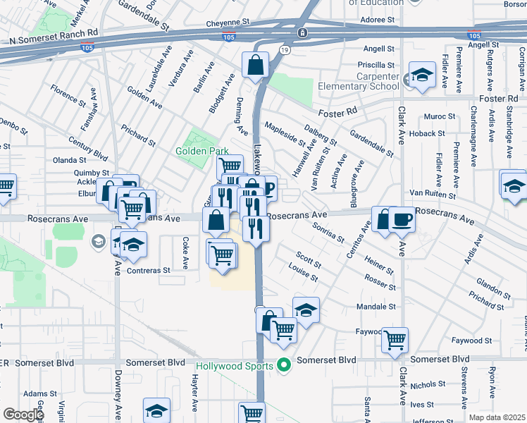 map of restaurants, bars, coffee shops, grocery stores, and more near 13535 California 19 in Downey