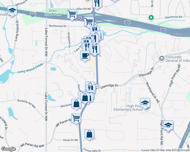 map of restaurants, bars, coffee shops, grocery stores, and more near 5439 Wentworth Street in Atlanta