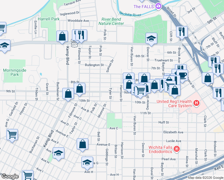 map of restaurants, bars, coffee shops, grocery stores, and more near 2112 9th St in Wichita Falls