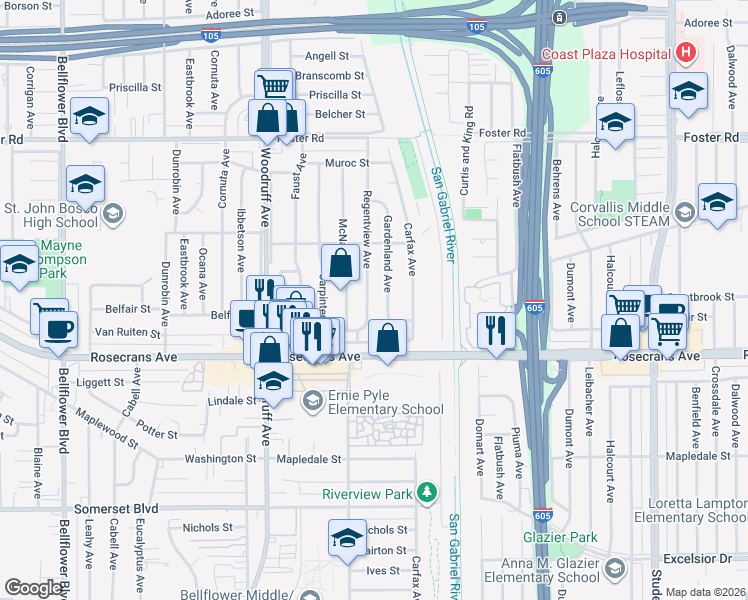 map of restaurants, bars, coffee shops, grocery stores, and more near 13913 Gardenland Avenue in Bellflower