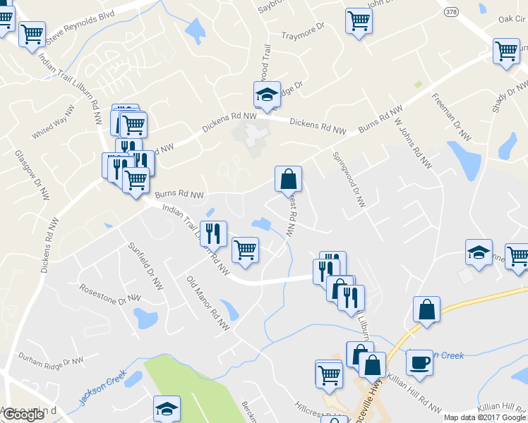 map of restaurants, bars, coffee shops, grocery stores, and more near 4845 Kellys Mill Drive Northwest in Lilburn
