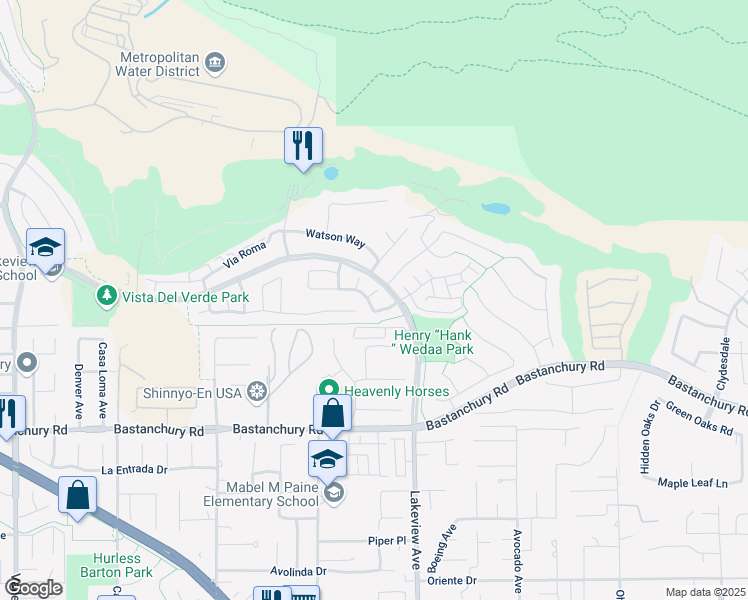 map of restaurants, bars, coffee shops, grocery stores, and more near 3938 Colonial Court in Yorba Linda