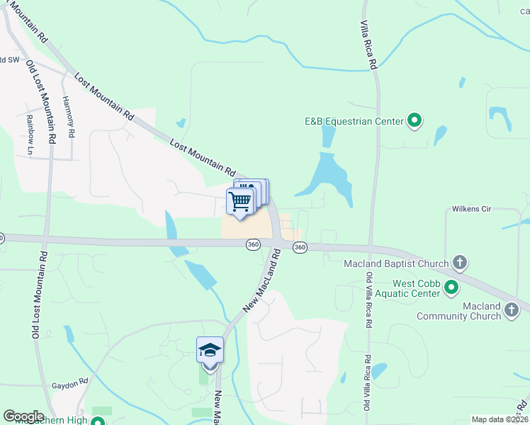 map of restaurants, bars, coffee shops, grocery stores, and more near 2022 Lost Mountain Road in Powder Springs