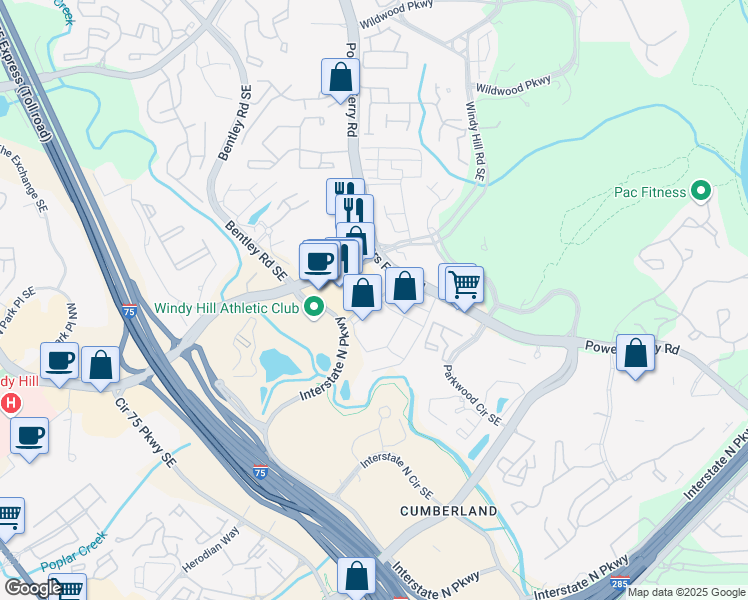 map of restaurants, bars, coffee shops, grocery stores, and more near Interstate North Parkway East Southeast in Atlanta