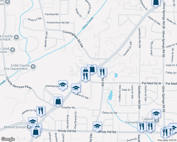 map of restaurants, bars, coffee shops, grocery stores, and more near 2050 Austell Road Southwest in Marietta