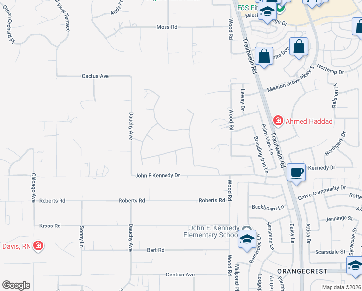 map of restaurants, bars, coffee shops, grocery stores, and more near 1137 Pamplona Drive in Riverside