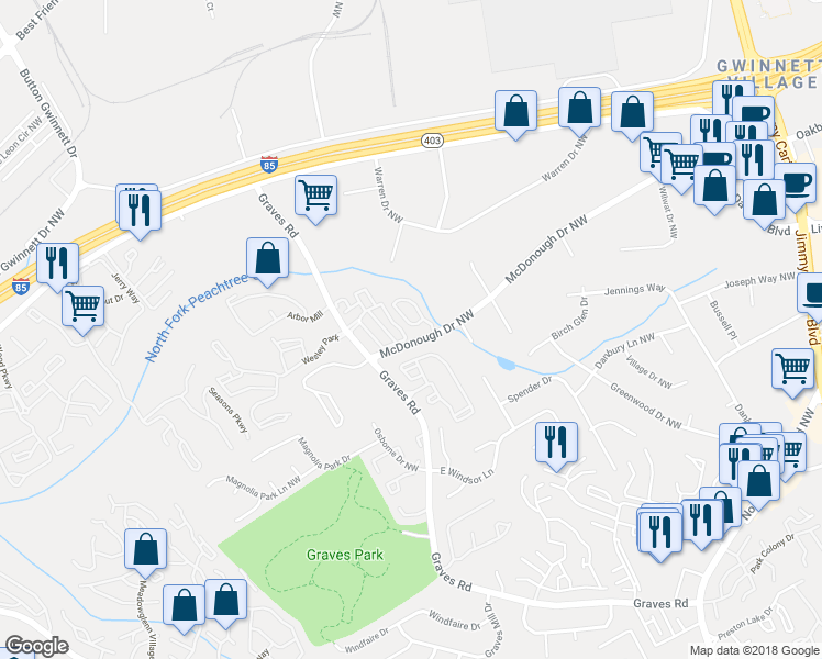 map of restaurants, bars, coffee shops, grocery stores, and more near 1779 Brookside Lay Circle in Norcross