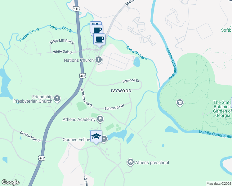 map of restaurants, bars, coffee shops, grocery stores, and more near 1120 Ivywood Drive in Athens