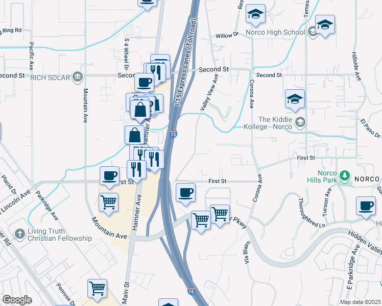 map of restaurants, bars, coffee shops, grocery stores, and more near 1510 Valley View Avenue in Norco