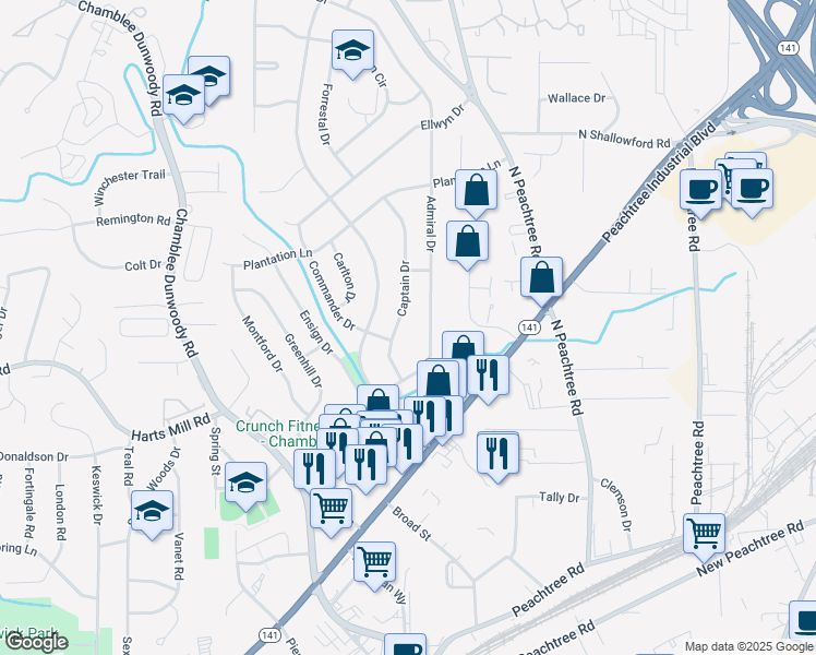 map of restaurants, bars, coffee shops, grocery stores, and more near 3826 Captain Drive in Chamblee