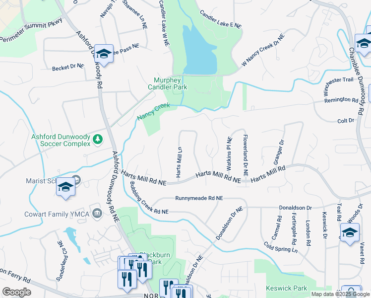 map of restaurants, bars, coffee shops, grocery stores, and more near 3811 Harts Mill Lane in Atlanta