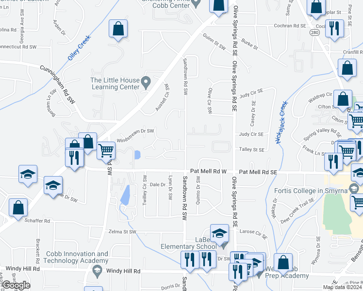 map of restaurants, bars, coffee shops, grocery stores, and more near 1997 Summer Gate Court Southwest in Marietta
