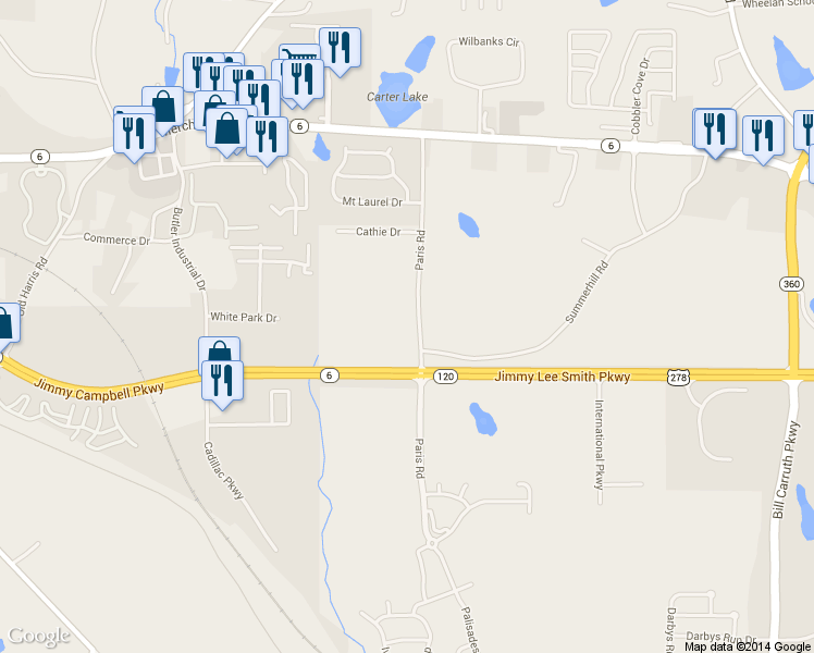 map of restaurants, bars, coffee shops, grocery stores, and more near 476 Paris Road in Dallas