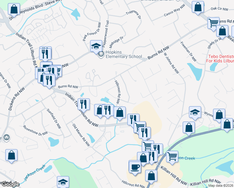 map of restaurants, bars, coffee shops, grocery stores, and more near 831 Hillcrest Road Northwest in Lilburn