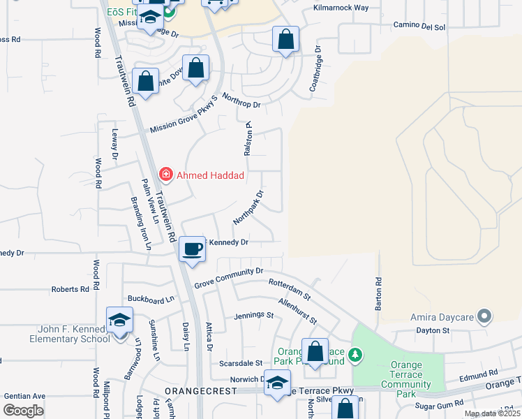 map of restaurants, bars, coffee shops, grocery stores, and more near 19617 Crestmont Place in Riverside