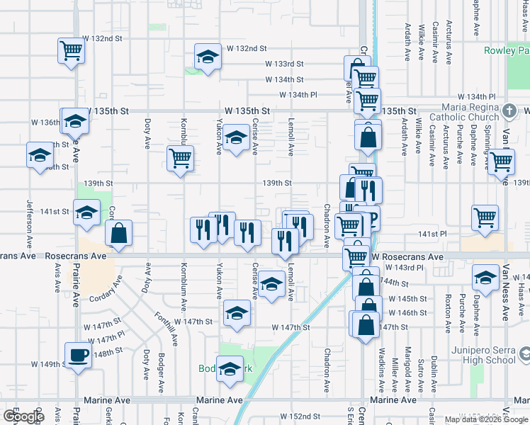 map of restaurants, bars, coffee shops, grocery stores, and more near 14000 Cerise Avenue in Hawthorne