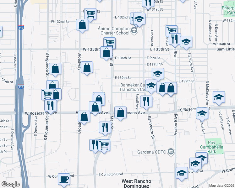 map of restaurants, bars, coffee shops, grocery stores, and more near 113 East 140th Street in Los Angeles