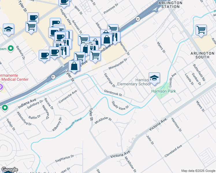 map of restaurants, bars, coffee shops, grocery stores, and more near 3144 Saratoga Street in Riverside